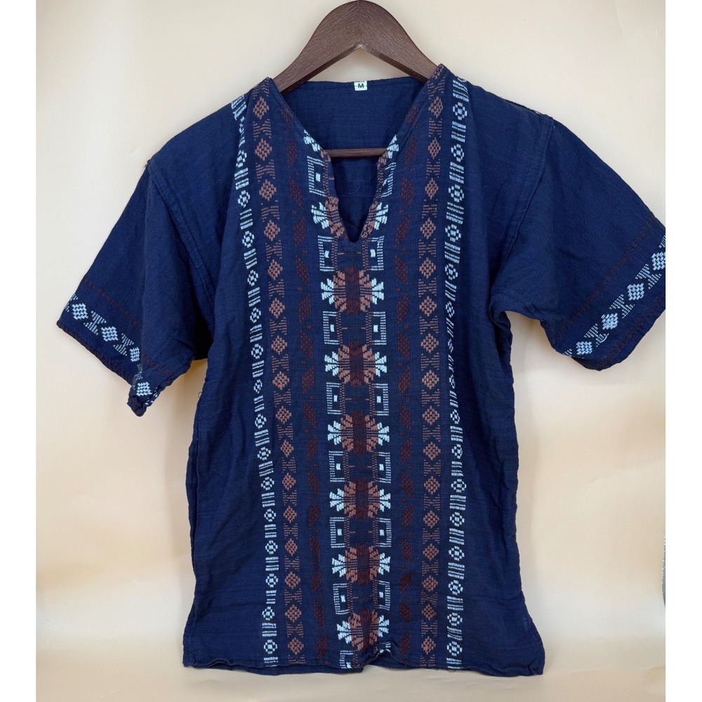 Unbranded Women Medium Navy Blue Embroidery V-Neck Short Sleeve Tunic Top